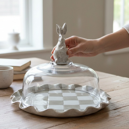 Bunny Cake Plate Taupe and Antique White Checkerboard