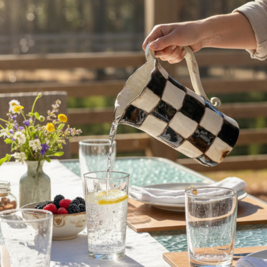 Checkerboard Pitcher 7" Tall Black/White