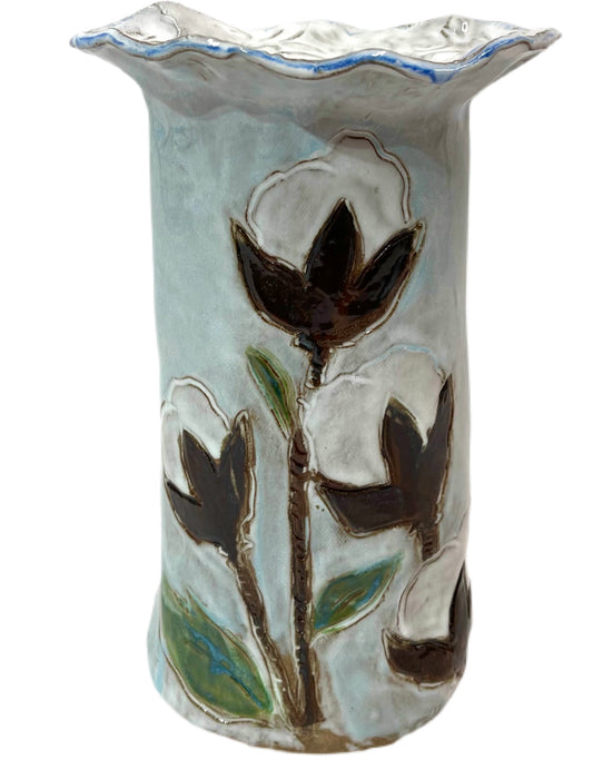 Vase 10" X 7" w/Cotton w/Blue Background