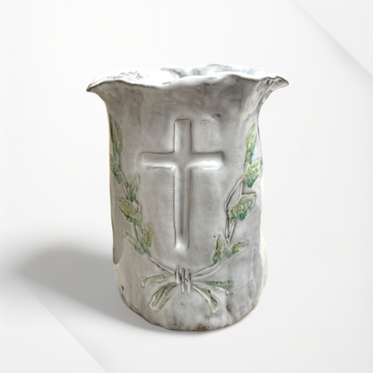 Vase 7" X 6" Cross w/Green Laurel Wreath
