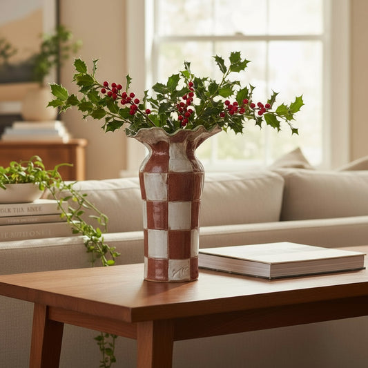 Vase 10" X 7" SAK Vase Red/W Checkerboard w/24K Gold Luster Rim