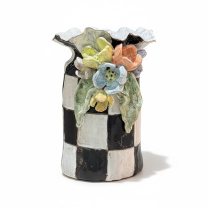 Jumbo Collar Vase w/Colorful Flowers & B/W Checkerboard