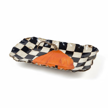 Barbara Jean Server Single Orange Pumpkin w/B&W Checkerboard 21" X 9"