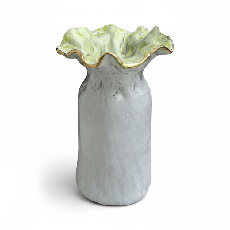 SAK Vase No. 2, 7" X 6" Antique White w/Green Center & 24K Gold Luster Rim