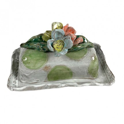 Butter Dish w/Colored Flowers, Antique White w/Green Dots
