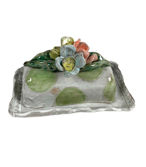 Butter Dish w/Colored Flowers, Antique White w/Green Dots