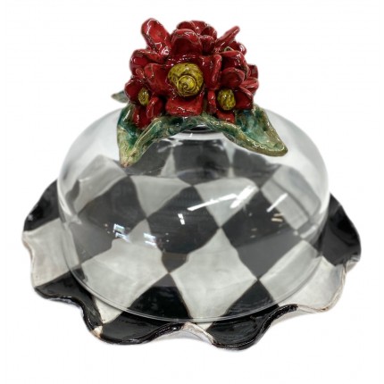 Cake Plate w/Dome Red Flowers, Blk/Antique White Harlequin