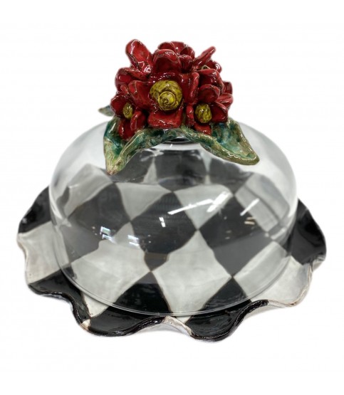 Cake Plate w/Dome Red Flowers, Blk/Antique White Harlequin