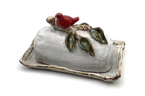 Butter Dish w/Blue Red on Branch
