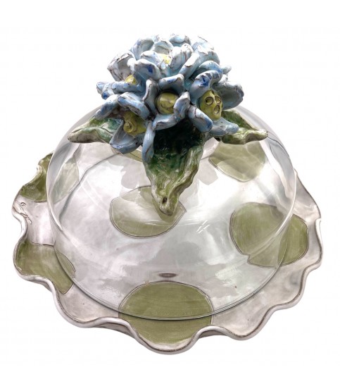 Cake Plate w/Blue Flowers Green/White Dots Plate