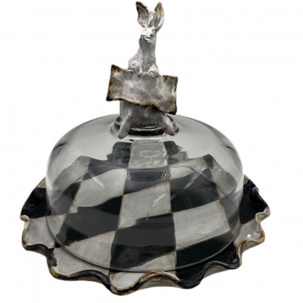 Cake Dome w/Bunny Black/White Harlequin Plate