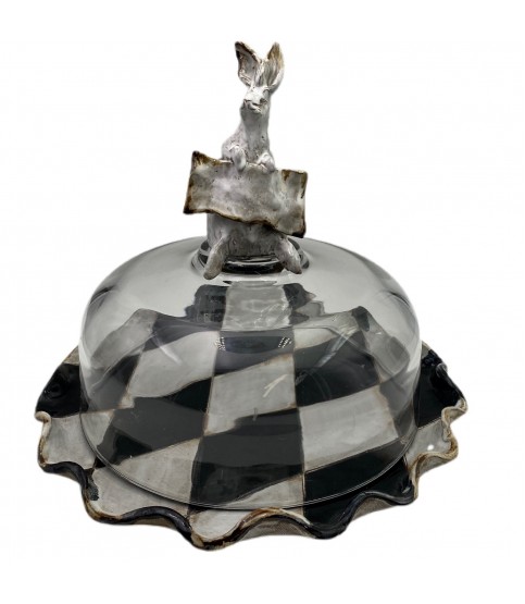 Cake Dome w/Bunny Black/White Harlequin Plate