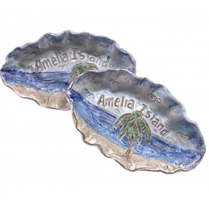 Tater Dish Lg. "Amelia Island" w/Beach Scene, Etched Bird