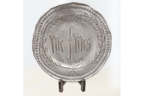 10-inch Mr. & Mrs. Round Plate by Dixie Pottery for celebrating love and commitment