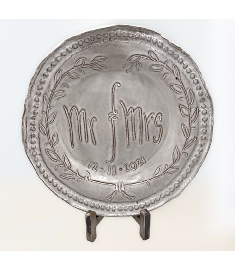 10-inch Mr. & Mrs. Round Plate by Dixie Pottery for celebrating love and commitment