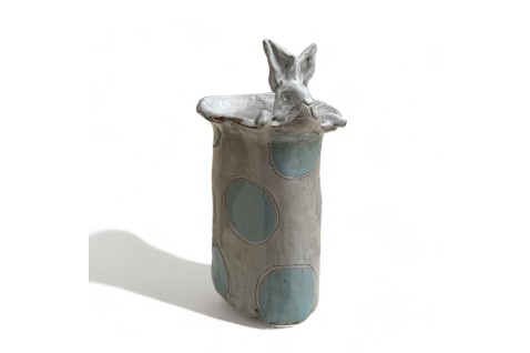 Vase 7" X 6" Bunny w/Blue Dots