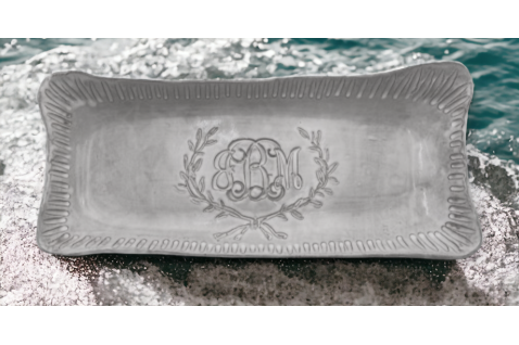17.5x7.5x2-inch monogrammed bread tray with laurel wreath by Three eDesigns for elegant serving and home decor