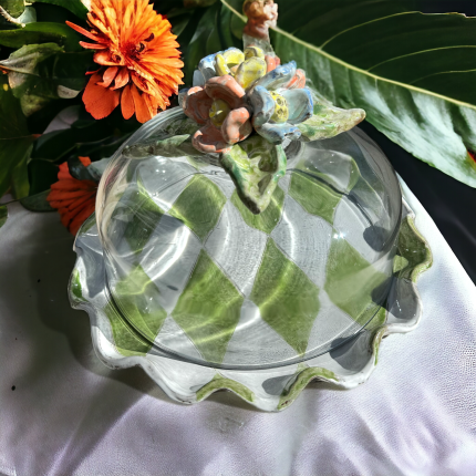 Cake Plate w/Dome Flowers Colorful Flowers, Green/White Harlequin
