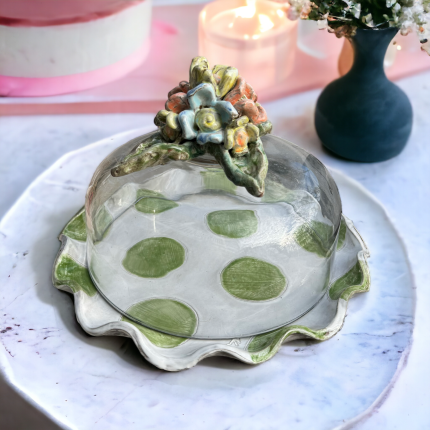 Cake Plate w/Dome Colorful Flower, Green/ White Dots