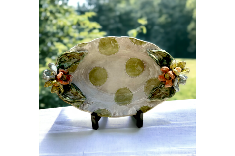 Casserole Dish w/Colorful Flowers AW w/Green Dots