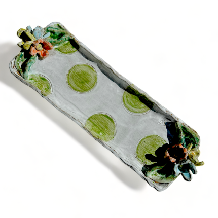 Hostess Tray w/Tri Color Flowers, Leaves & Green Dots 16.5" X 5" 