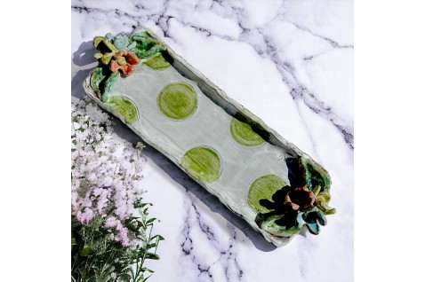 Hostess Tray w/Tri Color Flowers, Leaves & Green Dots 16.5" X 5" 