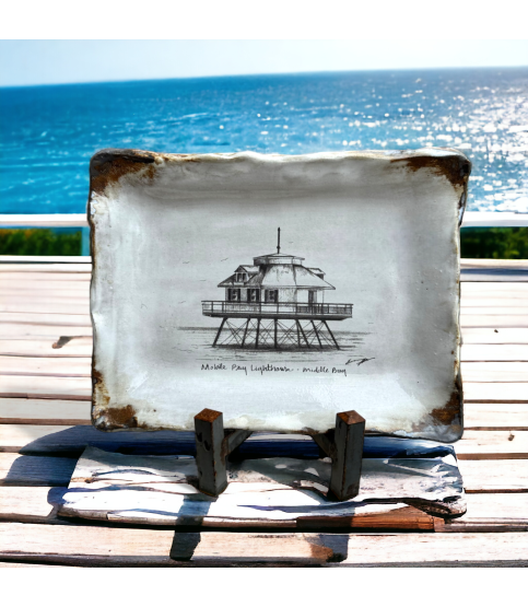 Mobile Bay Lighthouse Scetch 6" X 9" Tray