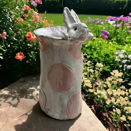 Vase 7" X 6" Bunny w/Pink Dots