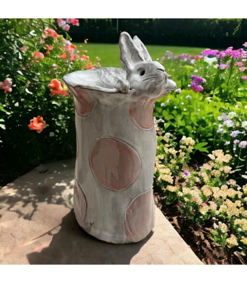 Vase 7" X 6" Bunny w/Pink Dots