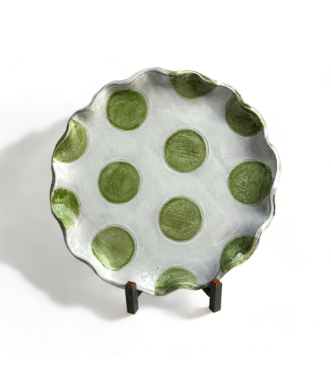 Cake Plate w/Dome Colorful Flower, Green/ White Dots