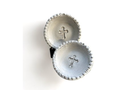 - Ring Dish w/Cross Savannah 4"  - Ceramic Ring Dish with Cross Design  - Three E Designs Ring Dish - Dixie Pottery Ring Dish
