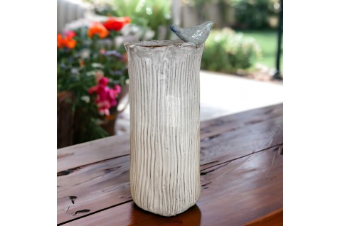Vase 10" X 7" Antique White w/Bird