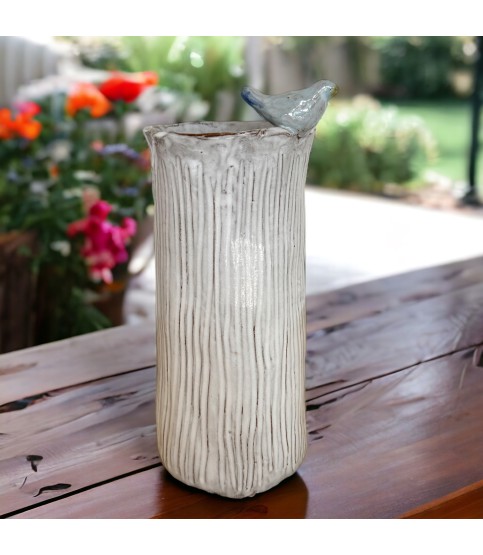 Vase 10" X 7" Antique White w/Bird
