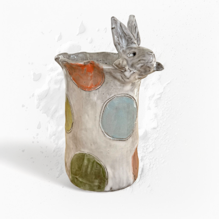 Vase 7" X 6" Bunny Head Top Colorful Dots