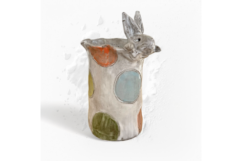 Vase 7" X 6" Bunny Head Top Colorful Dots
