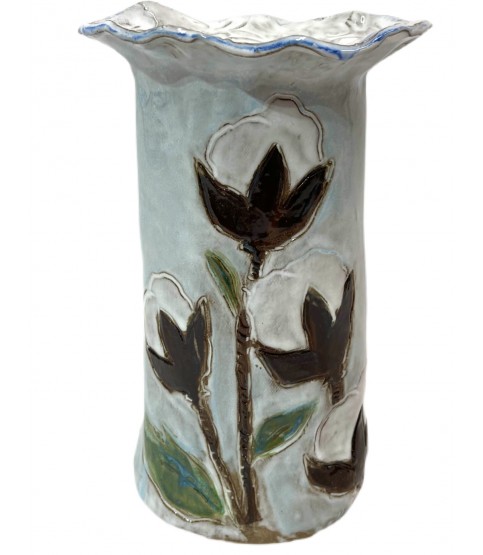Vase 10" X 7" w/Cotton w/Blue Background