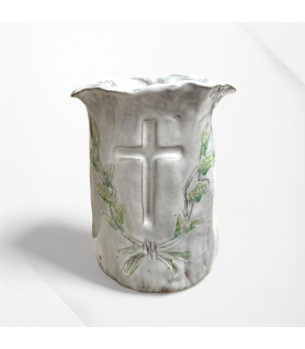 Vase 7" X 6" Cross w/Green Laurel Wreath