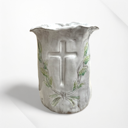 Vase 7" X 6" Cross w/Green Laurel Wreath